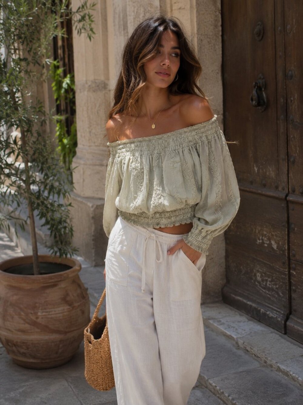 ASTR The Label Normandie Off Shoulder Sheer Blouse Top Light Sage Size Small NWT
